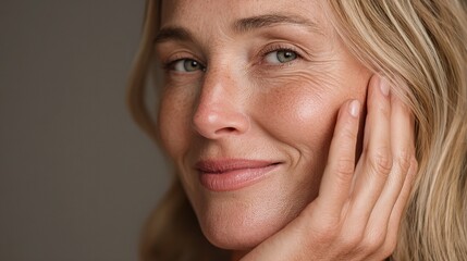 Glowing Mid-Aged Woman in Portrait Style with Soft Expressions