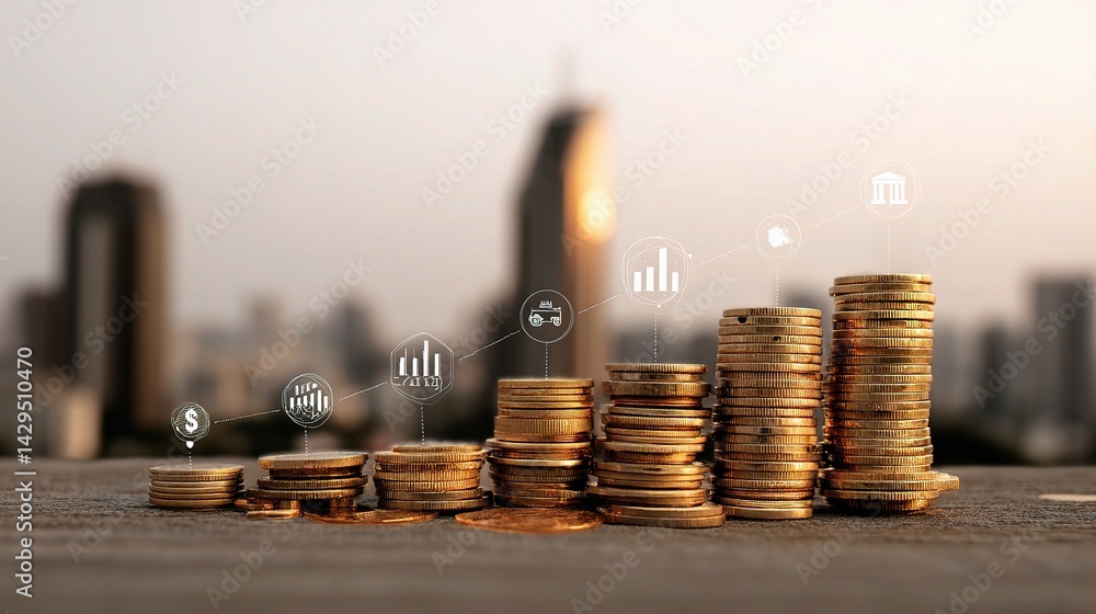 Poster close-up view of stacked coins with banking icons overlay