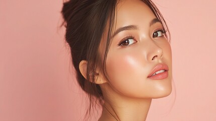 Fototapeta premium Radiant Soft Makeup Look of Young Asian Girl on Pink Background