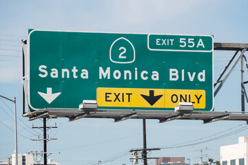 Santa Monica Blvd route 2 freeway exit sign in Los Angeles, California.
