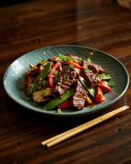 Beef stir fry with colorful vegetables presented on a blue plate in an inviting dining setting