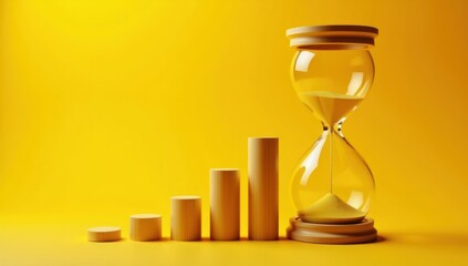 Golden Hourglass and Rising Wooden Bars on Yellow. Ideal for illustrating concepts of time management, progress towards goals, meeting deadlines, visualizing data over time