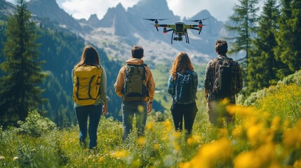 group of travelers flying drones to capture scenic views