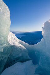 Beautiful view of an ice cave and surrounding area in Vatnajokull National Park (South Iceland)