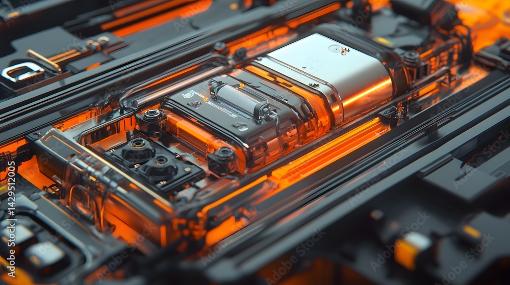 Poster a close-up view of a futuristic electronic component, showcasing intricate details and glowing orang