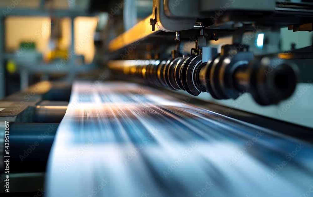 Poster a close-up view of a high-speed paper printing machine in action. the blurred paper demonstrates the