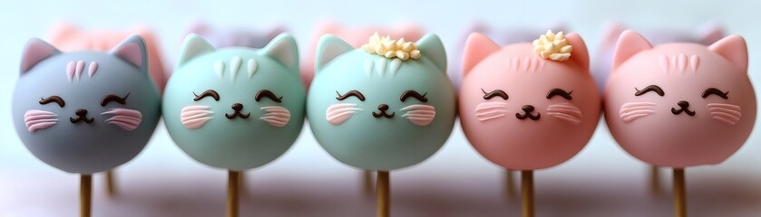 Five adorable cat-shaped cake pops in pastel colors, arranged in a row. Each cake pop features delicate features and a cheerful expression.
