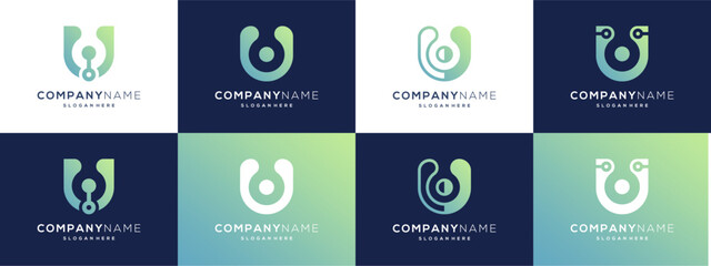 Collection of letter U technology icons logo ideas. Creative vector dot connection based icon template.