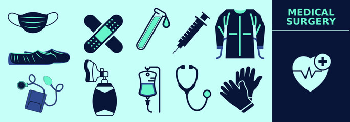 Set of icons for medical equipment with mask, scrubs, stethoscope, gloves, bandaid, blood tests, IV, heart monitor, heart beat, resuscitation bag, syringe. Editable icon elements, size and color.