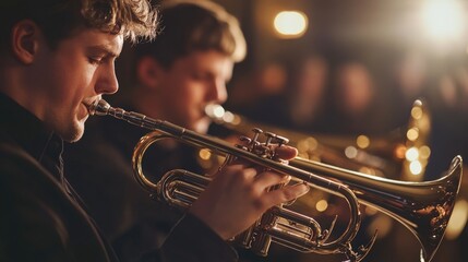 Obraz premium Two brass musicians perform a lively jazz tune.