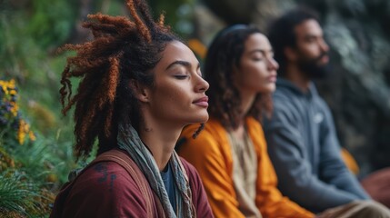 Obraz premium group of travelers doing breathing exercises in nature