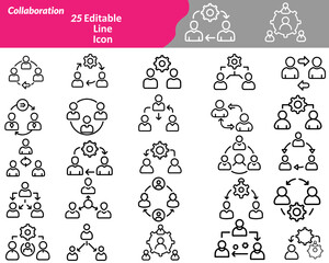 A Collaboration icon set with icons showing teamwork, idea sharing, communication, co-working, project planning, and group success—ideal for business, apps, and creative projects.