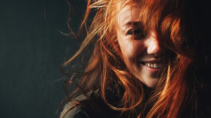 Fototapeta premium Mysterious Woman with Flowing Red Hair Smiling in Soft Light