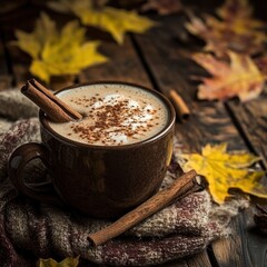 Autumnal Coffee Drink on Wooden Table