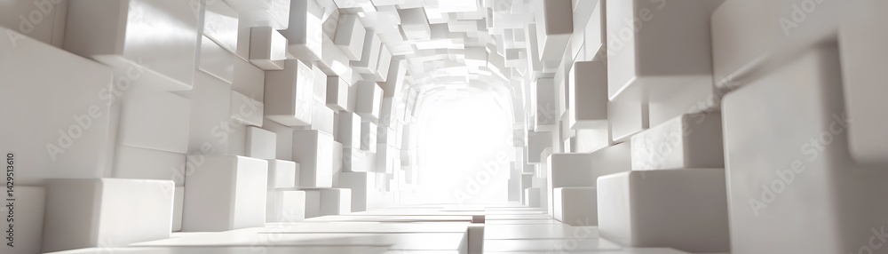 Poster a futuristic corridor filled with geometric shapes and structures leading towards a bright light, cr