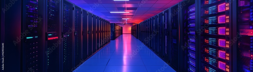 Poster a futuristic data center with servers lined up in a corridor, illuminated by vibrant blue and pink l