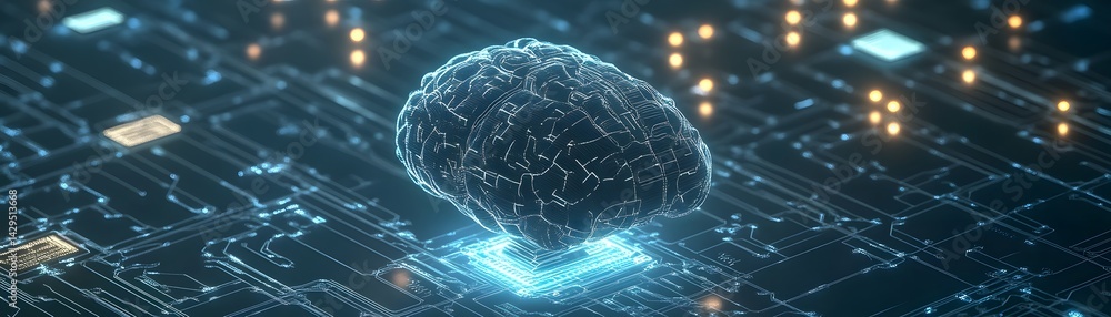 Poster a futuristic depiction of a digital brain integrated into a circuit board, symbolizing the merging o