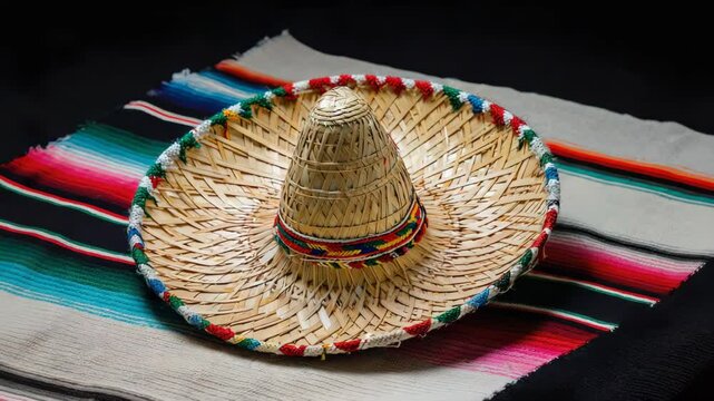 Traditional sombrero resting on a multicolored striped serape blanket.  Authentic straw hat on south American textile, cultural display.
