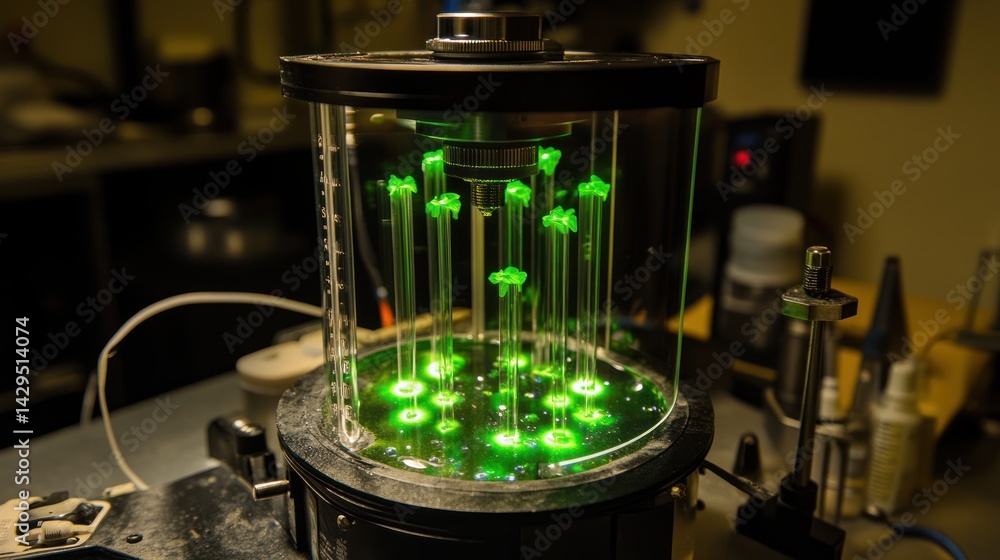 Poster lab device with glowing green structures