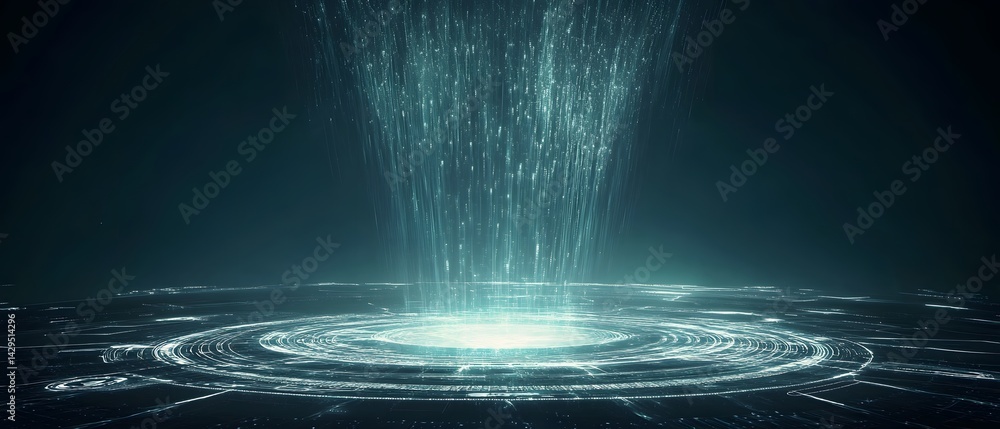 Poster a mesmerizing digital vortex displays cascading streams of light above a circular platform, symboliz