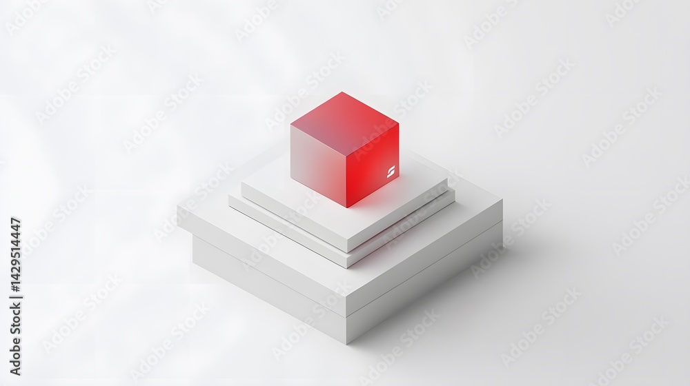 Poster a minimalistic design featuring a red translucent cube on a white pedestal. the soft shadows create 