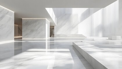 Fototapeta premium A modern architectural interior featuring sleek white marble surfaces and ample natural light streaming through large windows, creating an elegant, airy atmosphere.