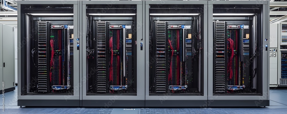 Poster a modern data center featuring multiple server racks organized in a high-tech layout, equipped with 
