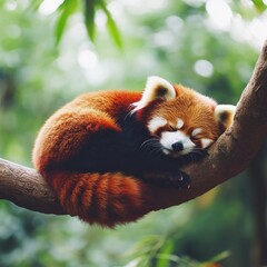 Fototapeta premium Sleepy Red Panda Napping in Jungle Tree