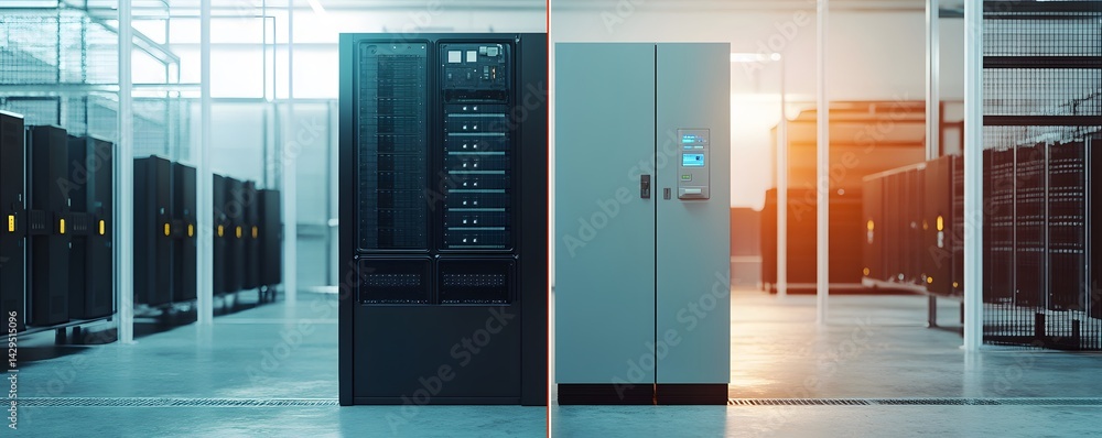 Poster a modern server room showcasing high-performance data center technology, featuring advanced computer