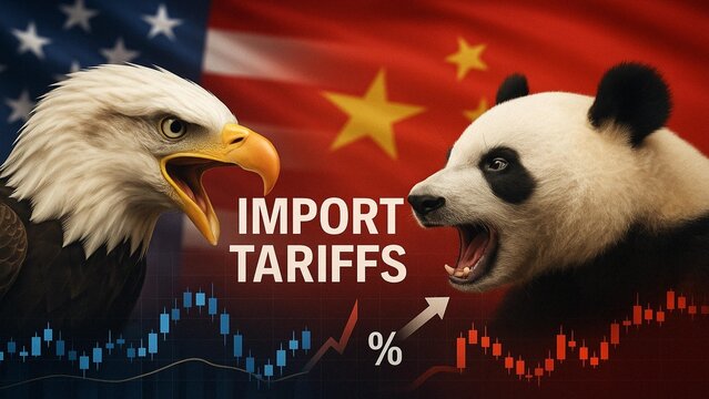 Trade war policy with China.United States tariffs,to increase the American economy..Government import tariff China.Industrial Tariffs growth.Import Trade Tariffs increase.USA Eagle vs Chinese Dragon