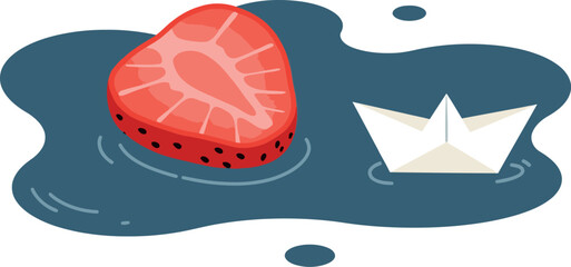 Strawberry slice floating on water with paper boat vector illustration 