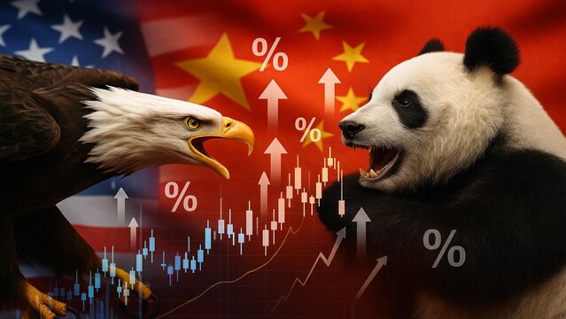 Trade war policy with China.United States tariffs,to increase the American economy..Government import tariff China.Industrial Tariffs growth.Import Trade Tariffs increase.USA Eagle vs Chinese Dragon