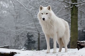 Obraz premium dire wolf in snowy landscape with magical curiosity 