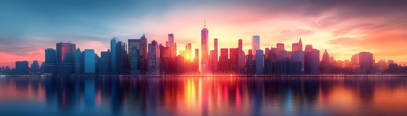 Fototapeta premium City skyline at sunset, reflecting in calm water