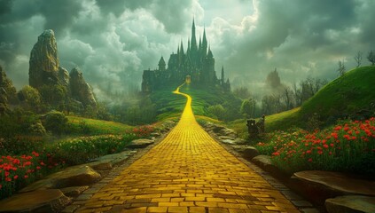 Magical yellow brick road leading to a majestic castle in a fantastical land