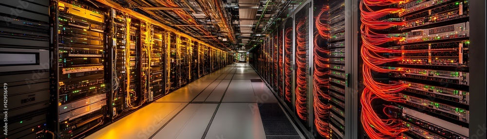 Poster a sleek, modern data center filled with rows of server racks, illuminated by vibrant lights. the ima