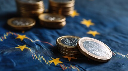 Euro Coins on European Union Flag with Detailed Layered Design