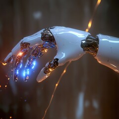 Futuristic robotic hand reaching out, sparks flying