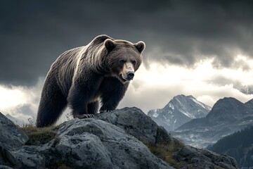 A majestic brown bear standing atop rocky terrain with a dramatic mountain backdrop under a cloudy sky