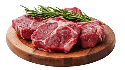 A fresh cut of red meat garnished with aromatic sprigs of rosemary, ready to be cooked to perfection isolated on white background or transparent png 