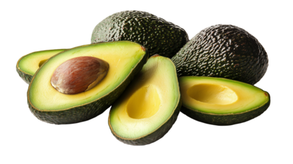 A whole fresh avocado alongside its halved counterpart, revealing the creamy green flesh and a large brown pit in the center isolated on white background or transparent png 