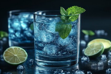 Fototapeta premium Refreshing Mint and Lime Cocktail with Ice Cubes in a Glass Perfect for Summer Drinks and Beve