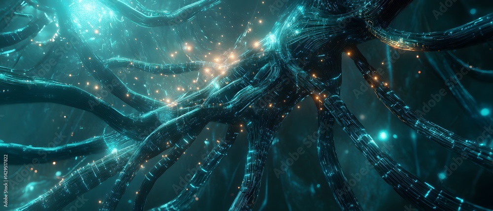 Poster a stunning visual representation of interconnected wires and glowing nodes, symbolizing complex tech
