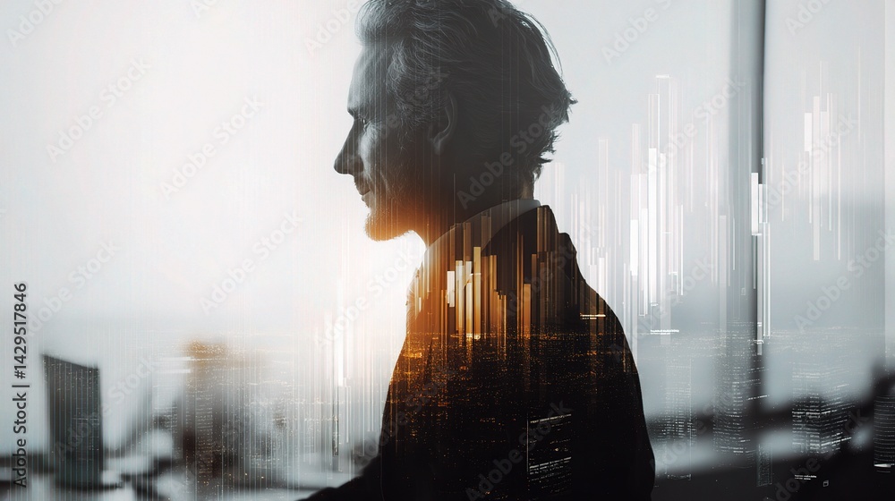 Poster profile of a business analyst in office setting with digital overlay