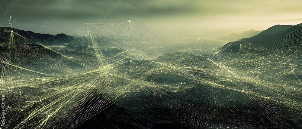 Poster a stunning visualization of interconnected data lines flowing through a mountain landscape, symboliz