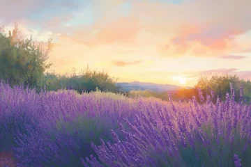 Fototapete Lavender field at sunrise with vibrant colors and scenic landscape © Ilia