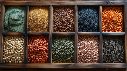 Colorful variety captured from real photo. Assorted dried beans and lentils in wooden trays, showcasing rich textures and colors. Ideal for healthy eating, organic food promotions