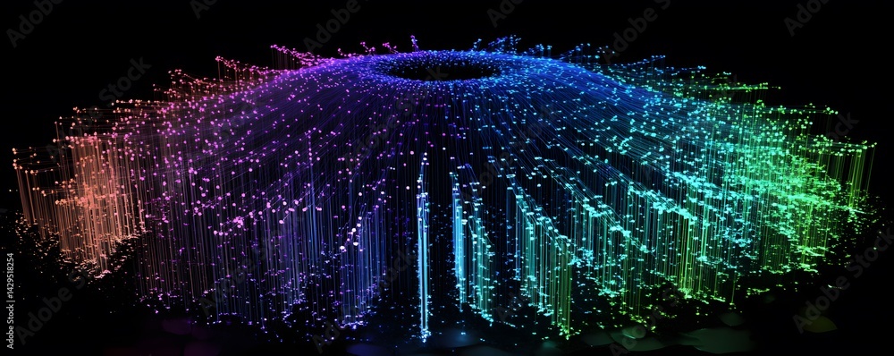 Poster a vibrant, high-tech visual representation showcasing colorful data waves emanating from a central p
