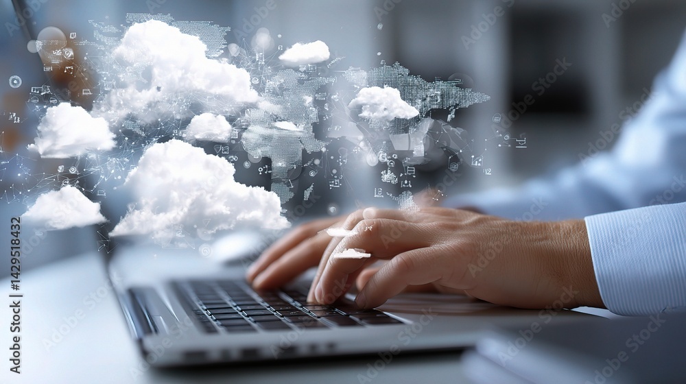 Poster tech worker typing on laptop with digital cloud computing visualization