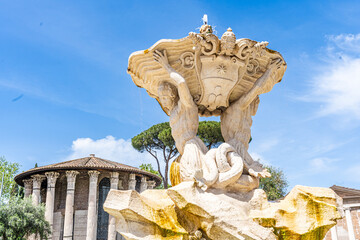 Triton Fountain in Piazza Bocca della Verita, an 18th-century Baroque masterpiece by Bizzaccheri and Moratti, built under Pope Clement XI near the Forum Boarium, in Rome, Italy